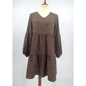 Baby Doll Polka Dot Tiered Midi Dress Brown Cream Balloon Sleeves Boho Western S